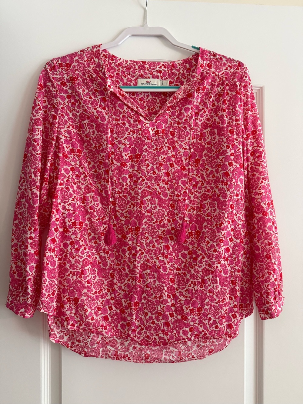 Womens Pink Floral Tassel V-Neck Blouse